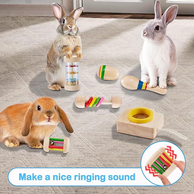 6 Pcs Wooden Bunny Toys - Safe Rabbit & Guinea Pigs Teeth Grinding Toys for Chinchillas, Hamsters & Small Animals - Indoor & Outdoor