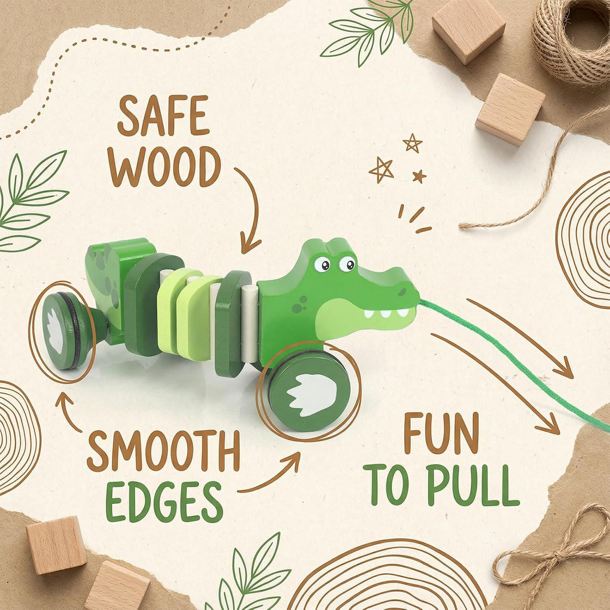 Baby Toys Car,Wooden Pull Along Toy for Toddlers 1 2 3 Year Olds – Fun for Kids & Family - Crocodile - image 2
