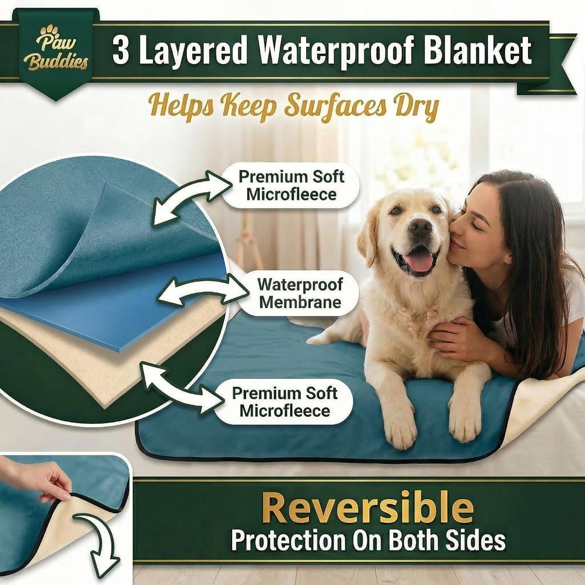 Paw Buddies Waterproof Blanket King Size 80"x90" for Dogs, Pets - Teal - image 3
