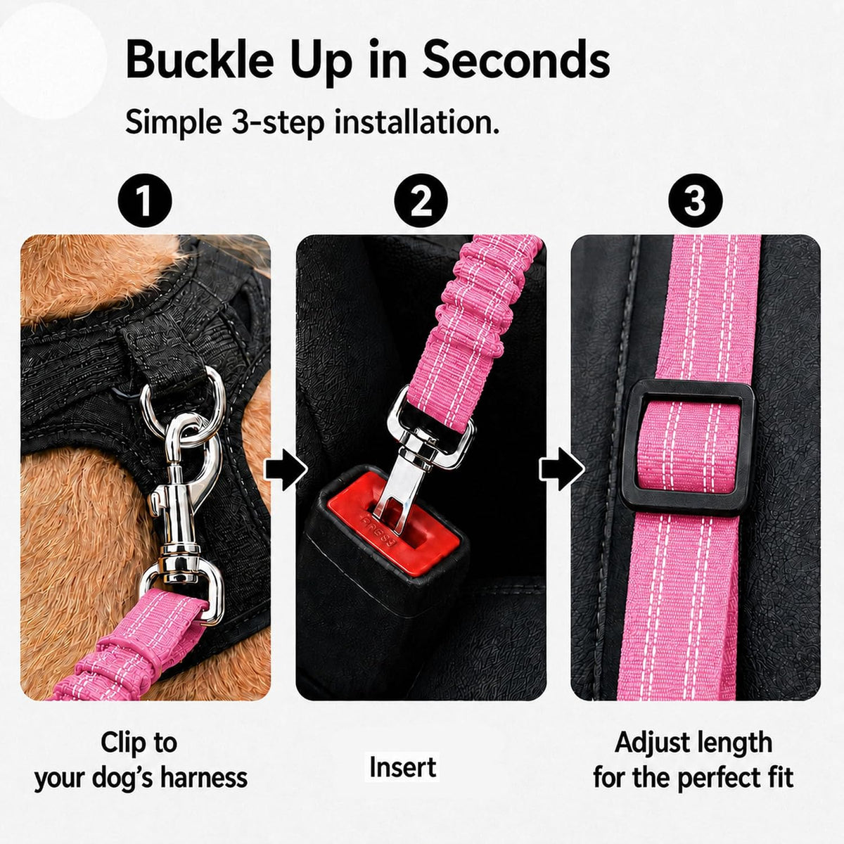 Dog Seat Belt 2Pcs, Retractable Pet Car Harness - Pink - image 3
