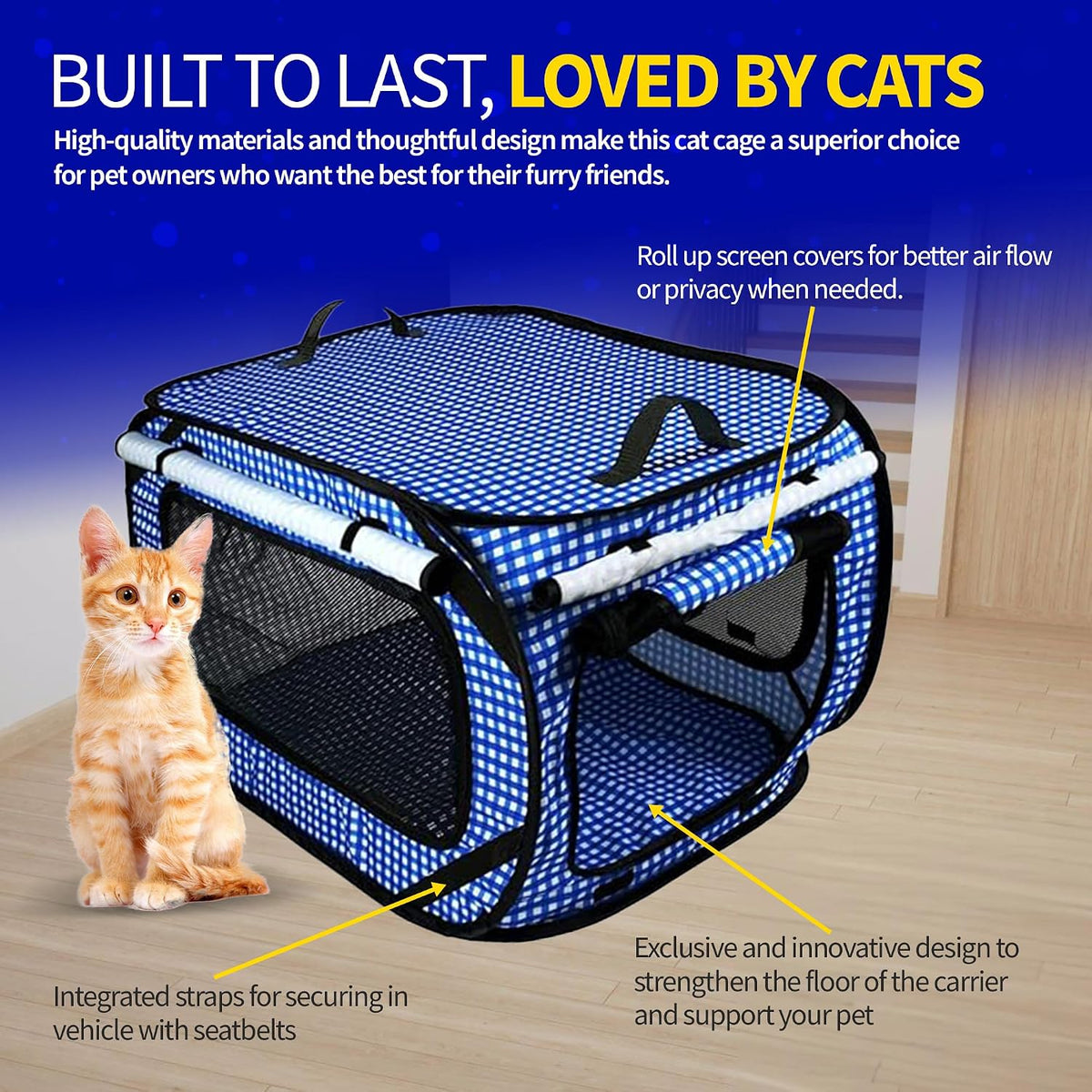 Extra Large Cat Carrier for Travel, Blue Checkers - Blue - image 3