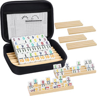 Mexican Train Dominoes Set with Numbers and 4 Wooden Trays/Racks - D12 Numbers 8 Players