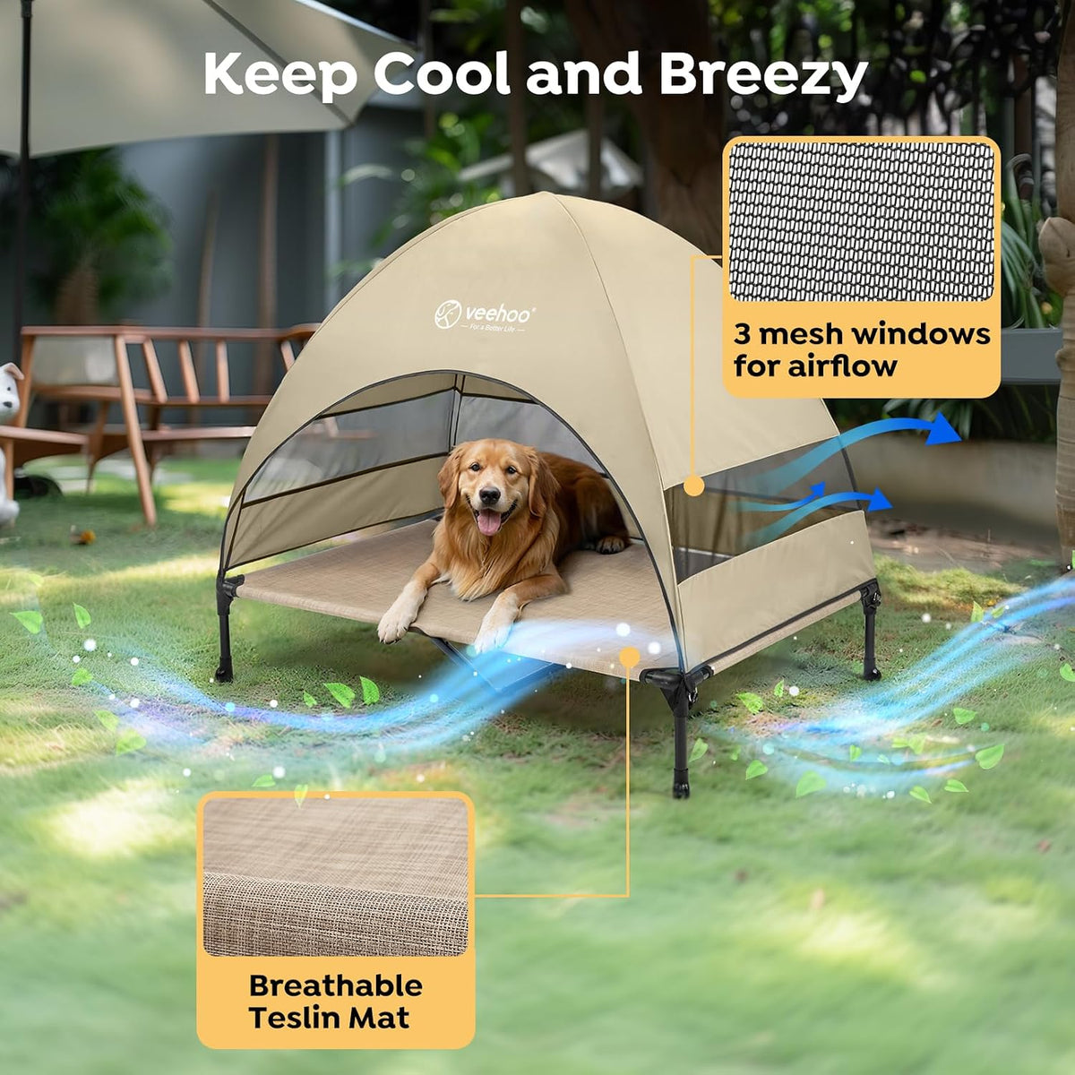 Veehoo Outdoor Dog Bed with Canopy - Beige Coffee / 49.0"L x 33.0"W x 42.5"Th - image 3