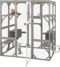 Catio Outdoor Cat Enclosure Cat House, Large Wooden Walk-in Cat Cage Condo Indoor Playpen with Multi Platforms, Flat Roof, and 2 Resting Box (Grey, 70.9" L x 36.5" W x 70.9" H)