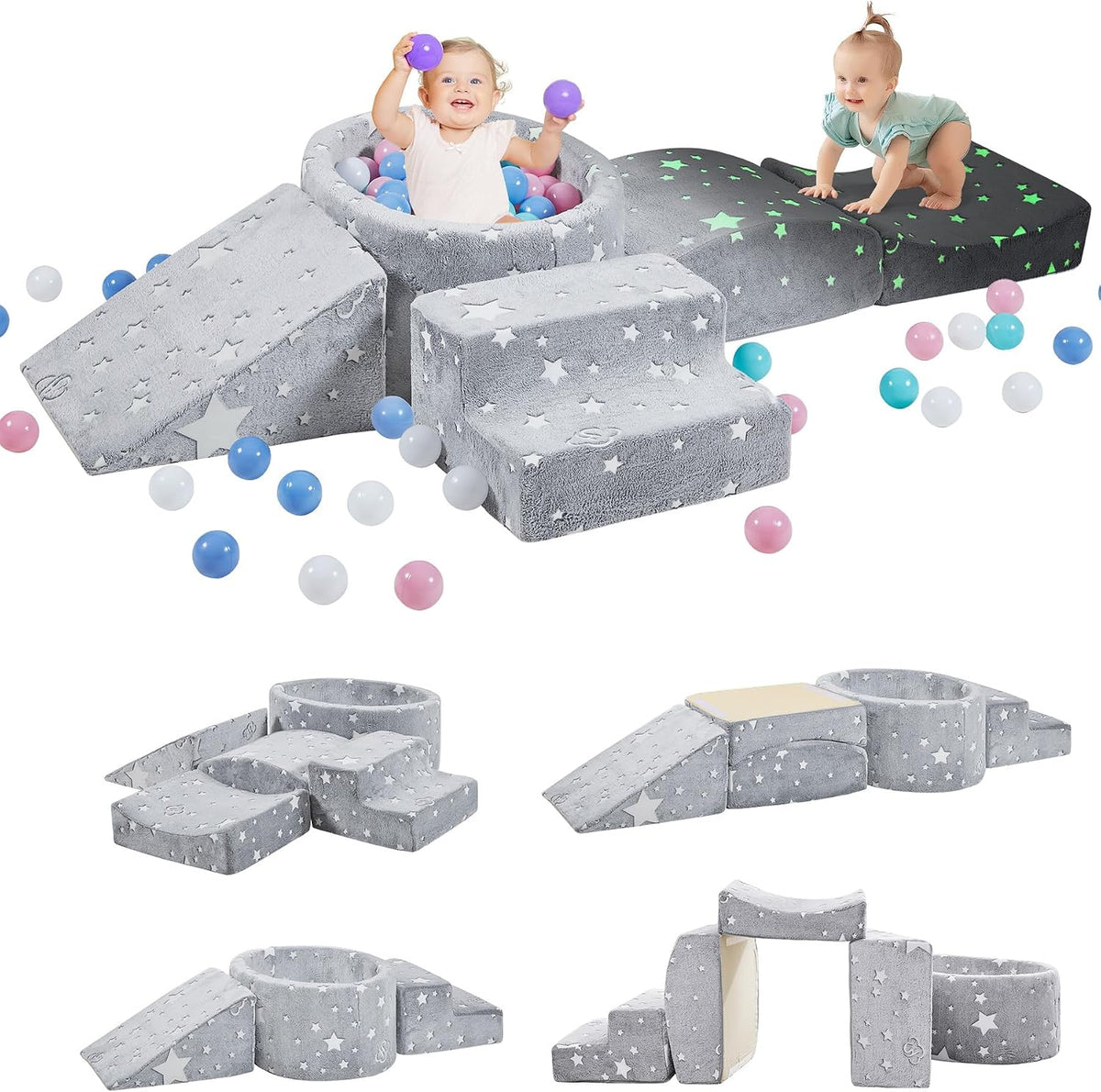 Elftopia foam climbing blocks with ball pit, stair climber and triangle wedge in beige - view 2