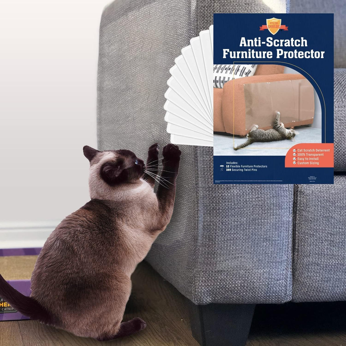 Cat Scratch Furniture Protector - 12 XL Shields + Twist Pins