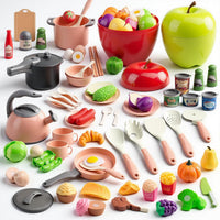 130Pcs Kitchen Playset, Toddler Pretend Cooking Play Pots, Pans - Pink / 100 Pcs