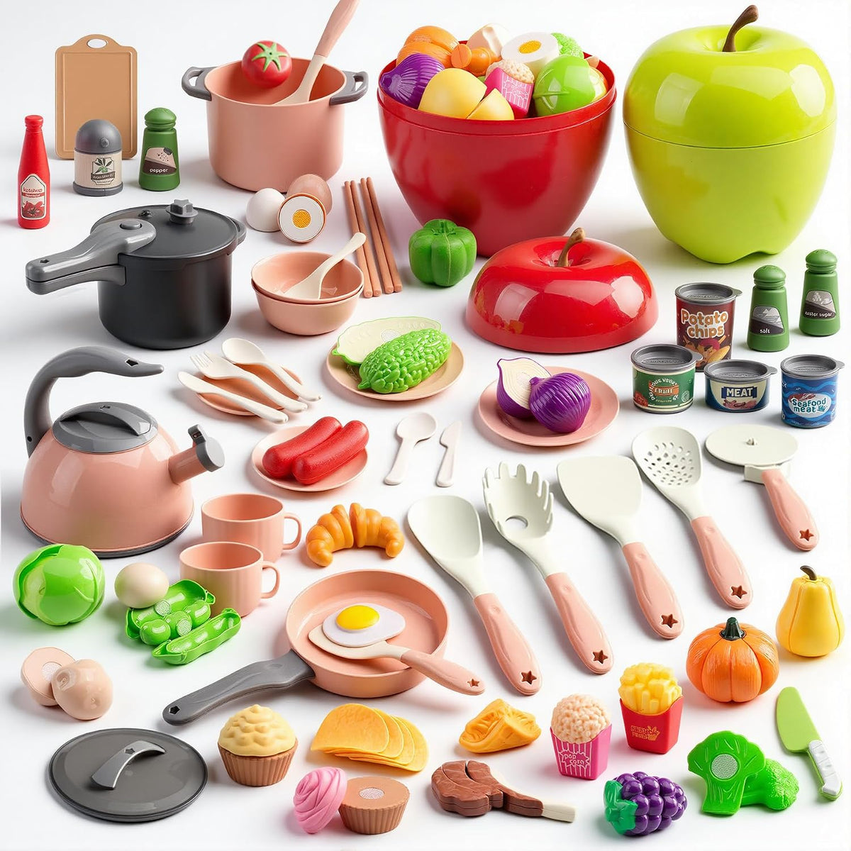130Pcs Kitchen Playset, Toddler Pretend Cooking Play Pots, Pans - Pink / 100 Pcs