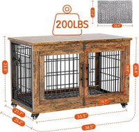 Lulive Dog Crate Furniture, Dog Kennel Indoor Double Doors Wooden Dog Cage, 38'' Heavy Duty Dog Crate with Cushion & Wheels, Decorative End Table Pet House Chew-Resistant for Large/Medium, Brown