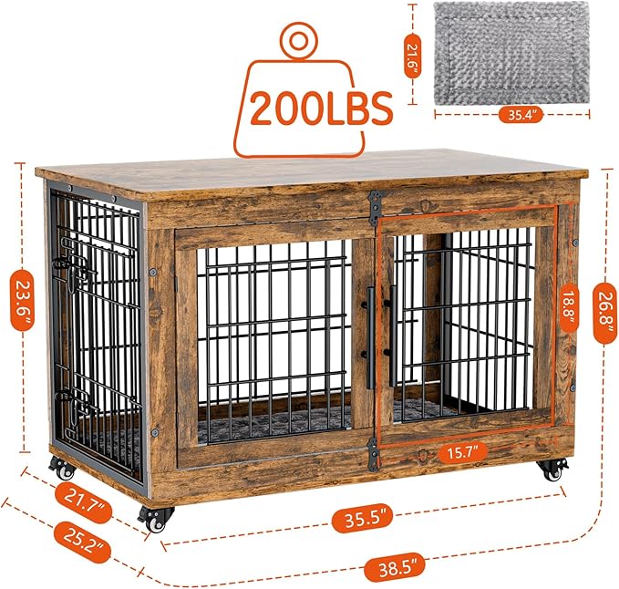 Lulive Dog Crate Furniture, Dog Kennel Indoor Double Doors Wooden Dog Cage, 38'' Heavy Duty Dog Crate with Cushion & Wheels, Decorative End Table Pet House Chew-Resistant for Large/Medium, Brown