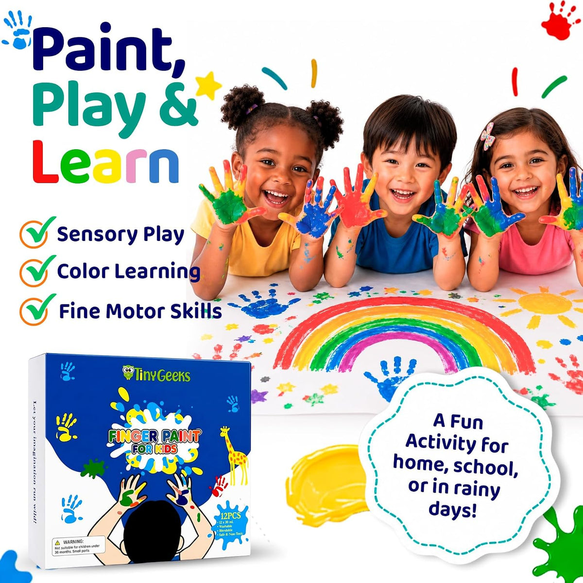 TinyGeeks finger paint for kids, 12 washable colors in squeeze tubes - view 3