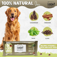 Shoo! Flea & Tick Wipes for Dogs | Convenient, Easy On-The-Go Protection | Plant Based, Natural Oils, Chemical Free | Repels & Prevents | 50 XL Wipes | (Woodland Harmony)