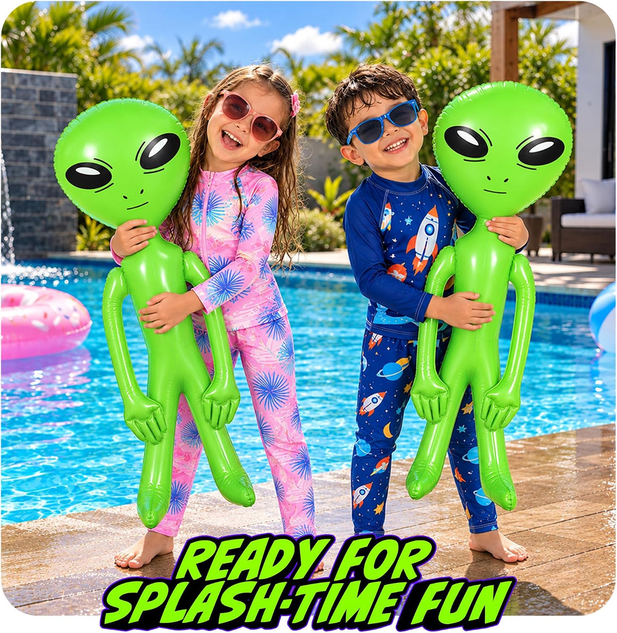 ArtCreativity set of two 34 inch green inflatable alien toys for parties and pools - view 4