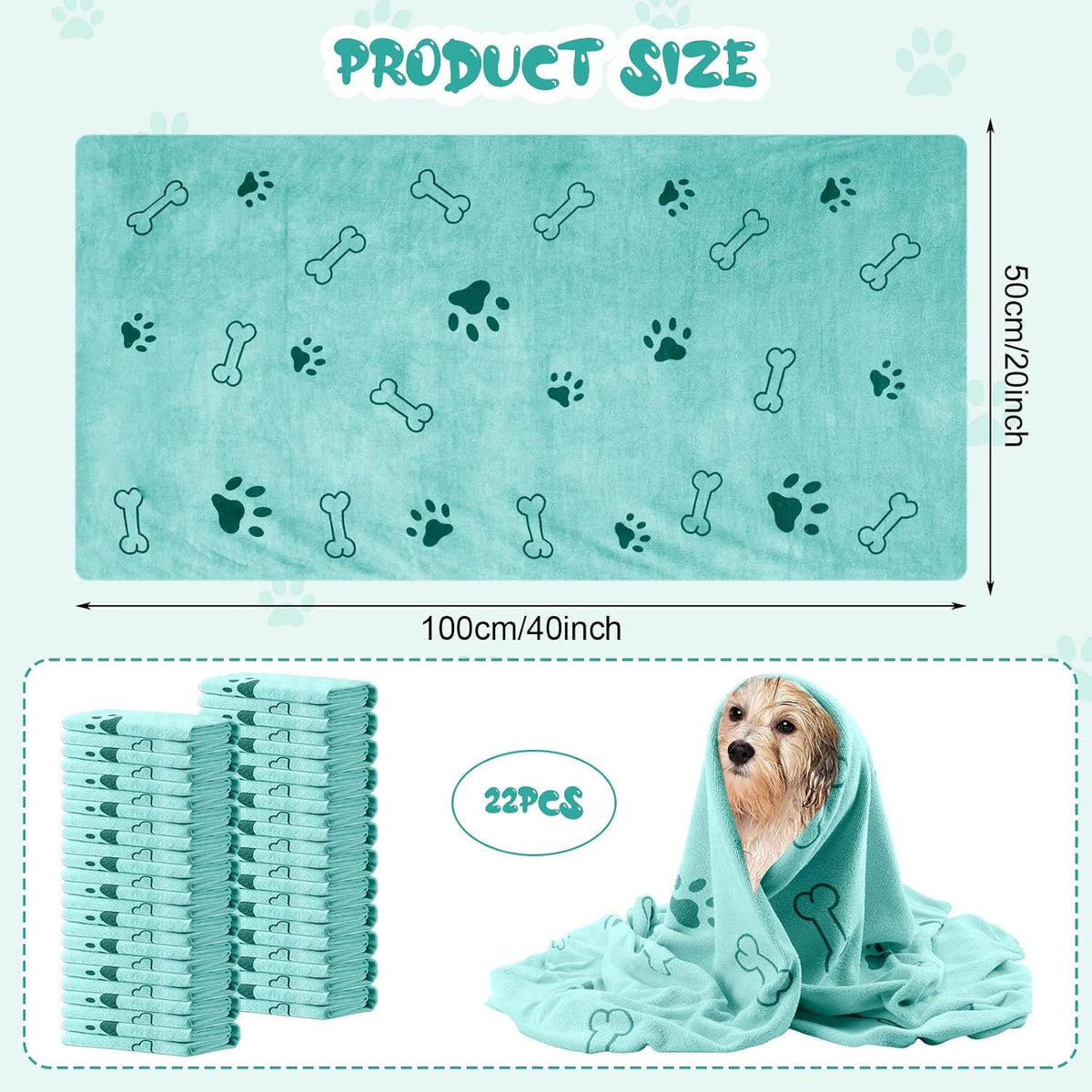 Tatuo 22 Pcs Dog Towels for Drying 20 x 40 Inch Pet Bath Towels - Teal / Bone Pattern - image 2