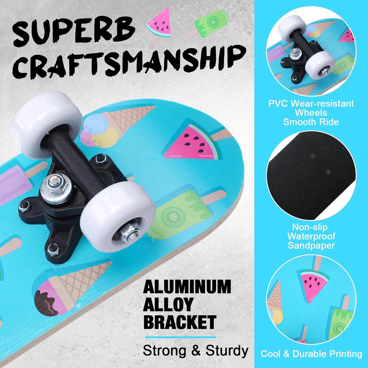 Honoson kids skateboard set with dinosaur print maple deck and black knee pads, elbow pads and wrist - view 31