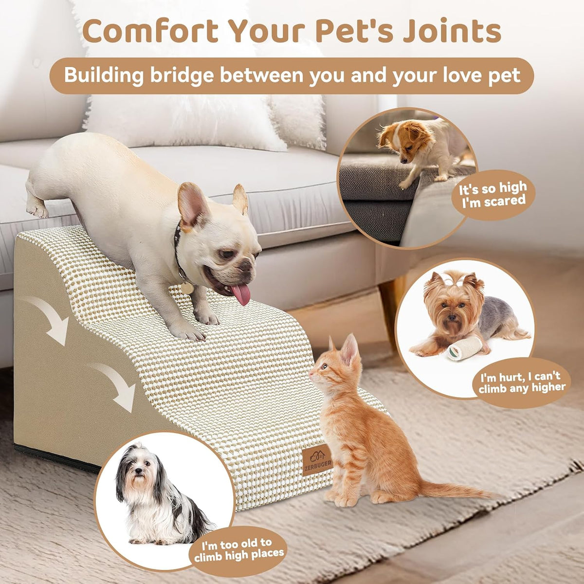 Zerbuger Dog Ramp and Stairs for Bed, Coffee 3 Steps 16" H - Beige / 3 - image 4