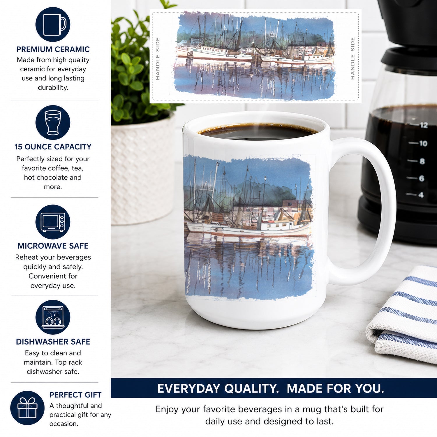 Harbour Ceramic Coffee Mug 15 oz Decorative Large C Handle Mug Cup for Tea, Cocoa Hot Chocolate