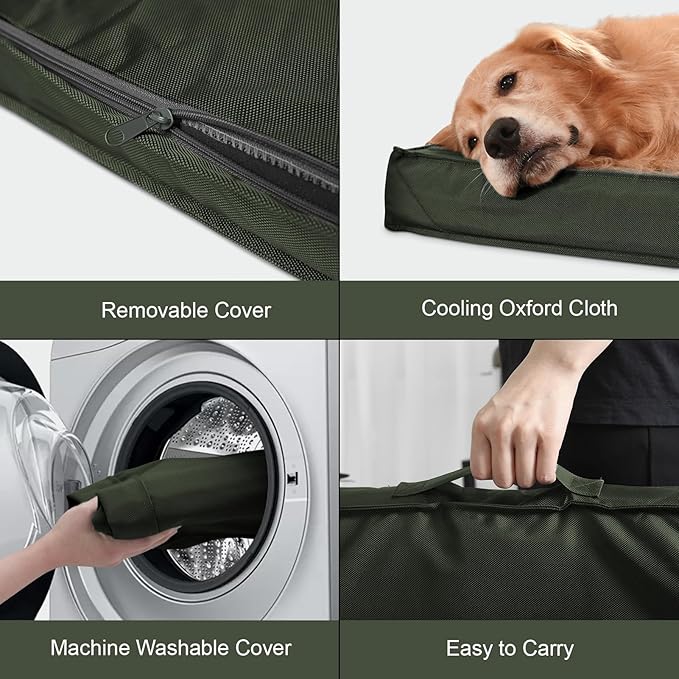 Outdoor All Weather Dog Bed, XXL Waterproof Dog Bed for Large Dogs, Orthopedic Egg Foam Pet Bed Mat with Removable and Washable Oxford Cooling Cover, Dark Green