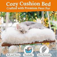 Cat Window Perch - Hammock Bed for Cats Inside - Solid Wood Seat, 4 Strong Suction Cups, Soft Cushion - Rustic Indoor Pet Shelf