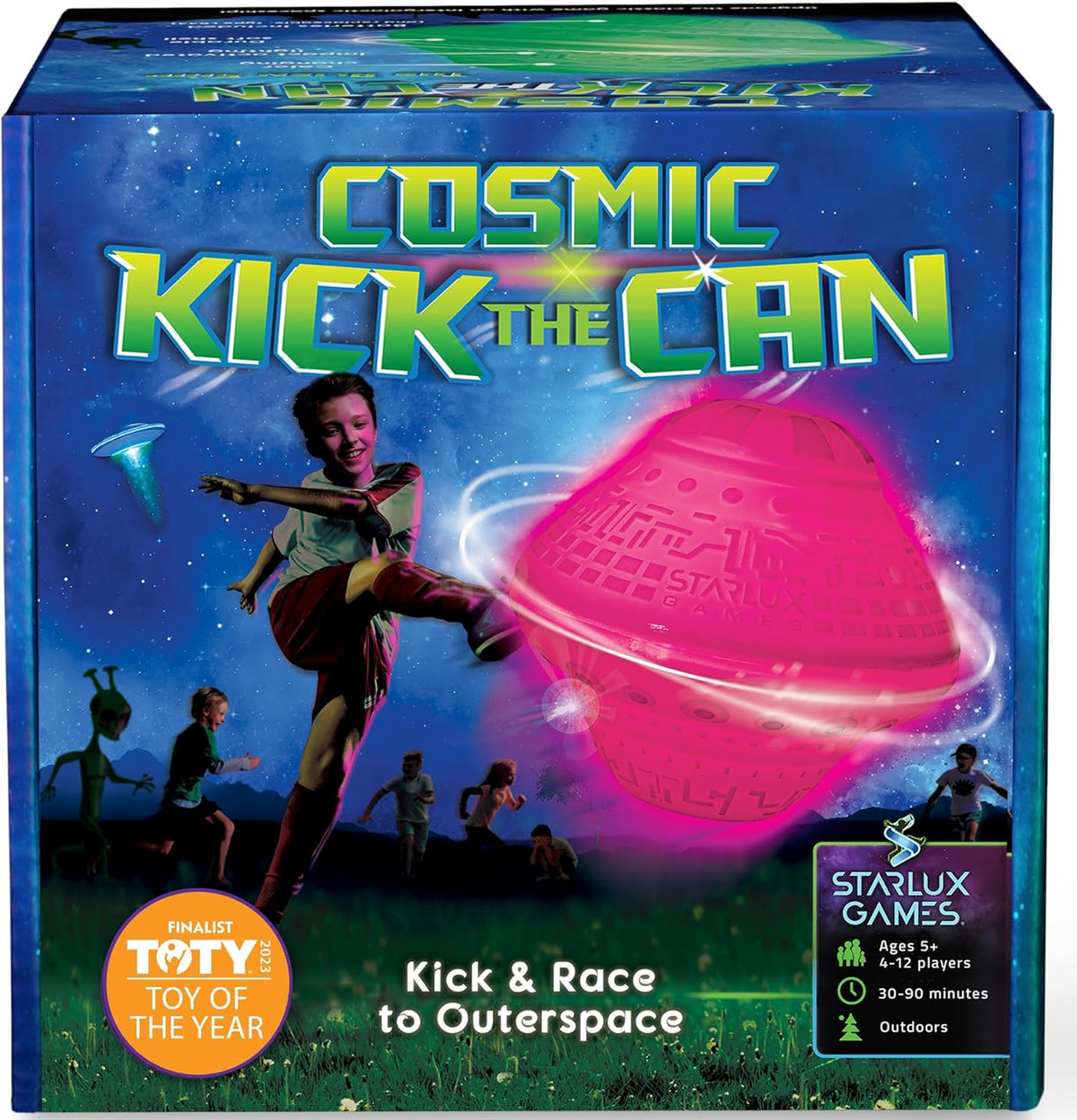 Starlux Games Cosmic Kick the Can glowing spaceship outdoor game at night