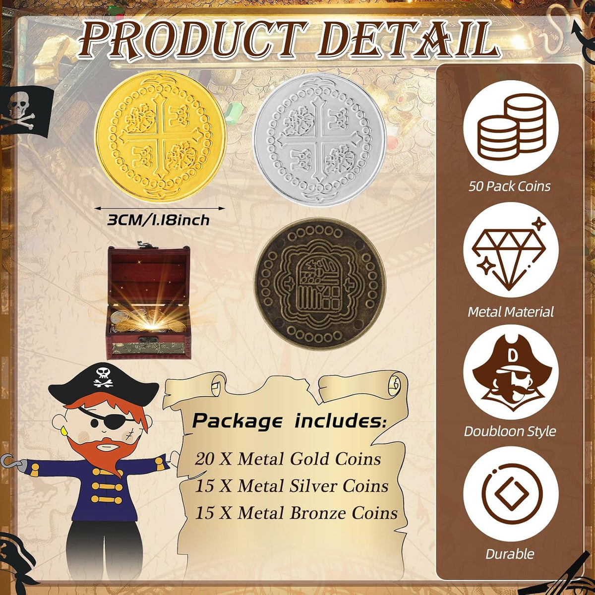 Hanaive 50 Pcs Metal Fake Gold Coins, Silver, Bronze - Gold, Silver, Bronze / Round - image 2