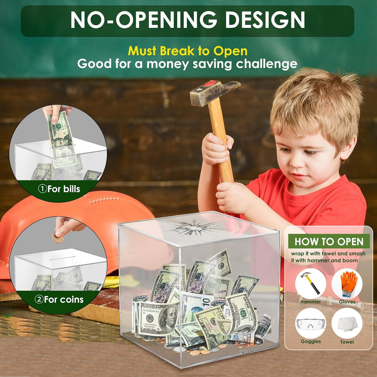 Piggy Bank for Adults Must Break to Open Acrylic Clear Piggy Bank - Clear Cube / 15x15CM - image 3