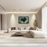 Large Bison Buffalo Wall Art for Living Room, Framed Oversized Bull Wall Decor, Abstract Teal and Golden Canvas Painting Modern Artwork for Living Room Bedroom Office Dining Room 36"x24"