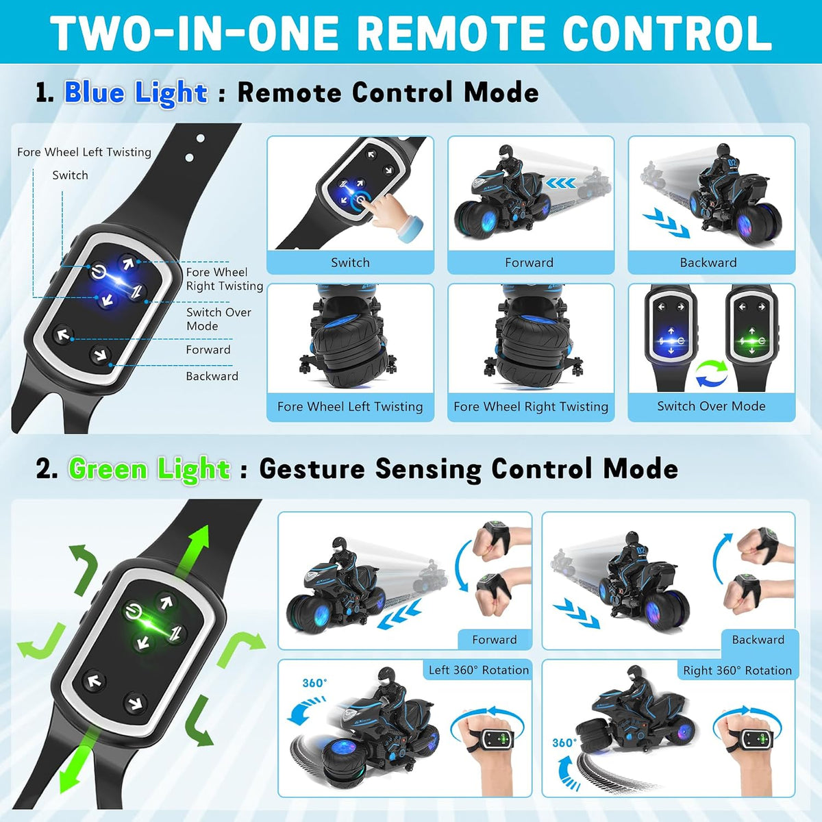 Eulogia remote control motorcycle with glowing RGB wheels, detachable rider and side wheels - view 4