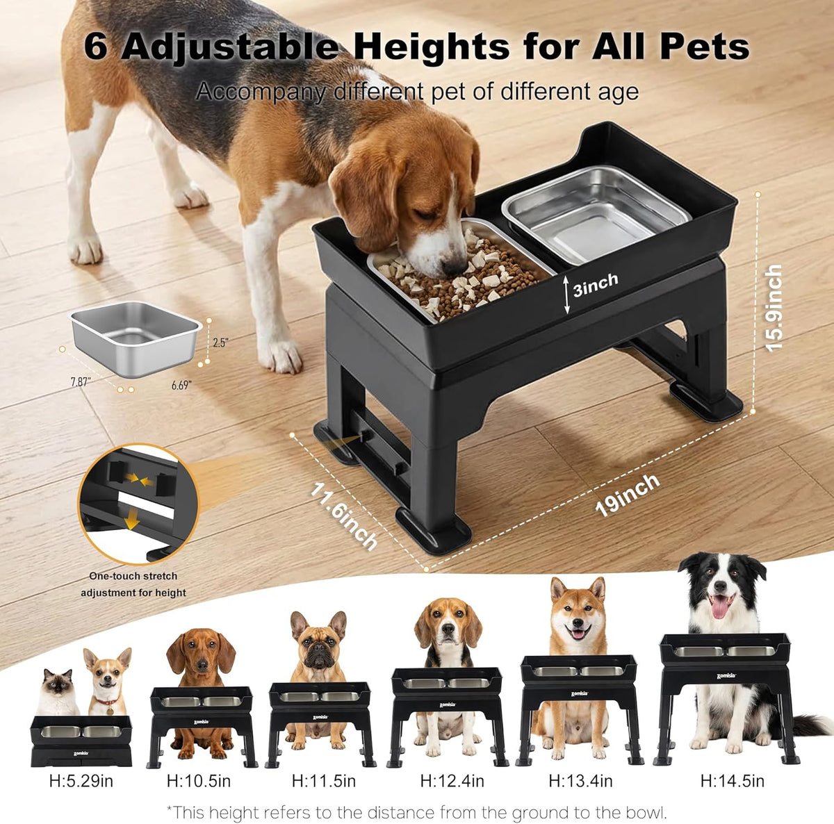Elevated Dog Bowls, 6 Height Adjustable Raised Dog Bowl Mess Proof – Essentials for Dogs - 1.6L - image 2
