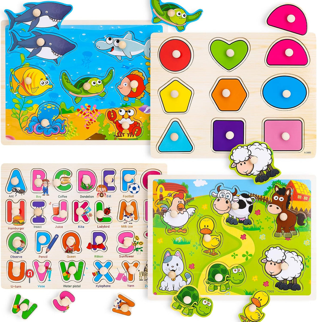 Wooden Peg Puzzles for Kids 3 4 Year Old, Shapes, Alphabet