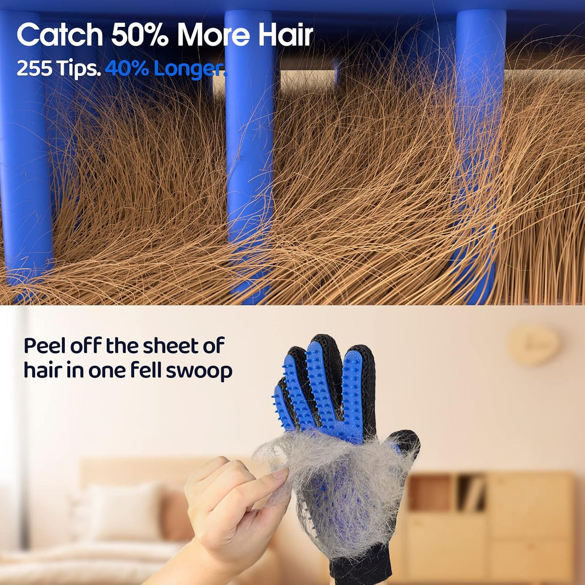 Pet Hair Removal Glove with 255 Silicone Tips for Dogs & Cats - Blue - image 2