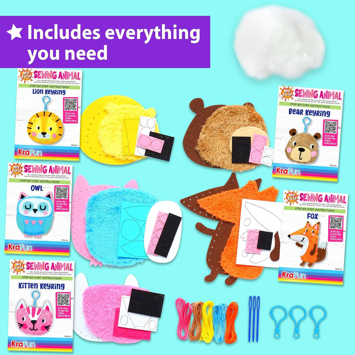 KRAFUN Animal Keyring Charm Sewing Kit Age 6+, 5 Projects - image 2