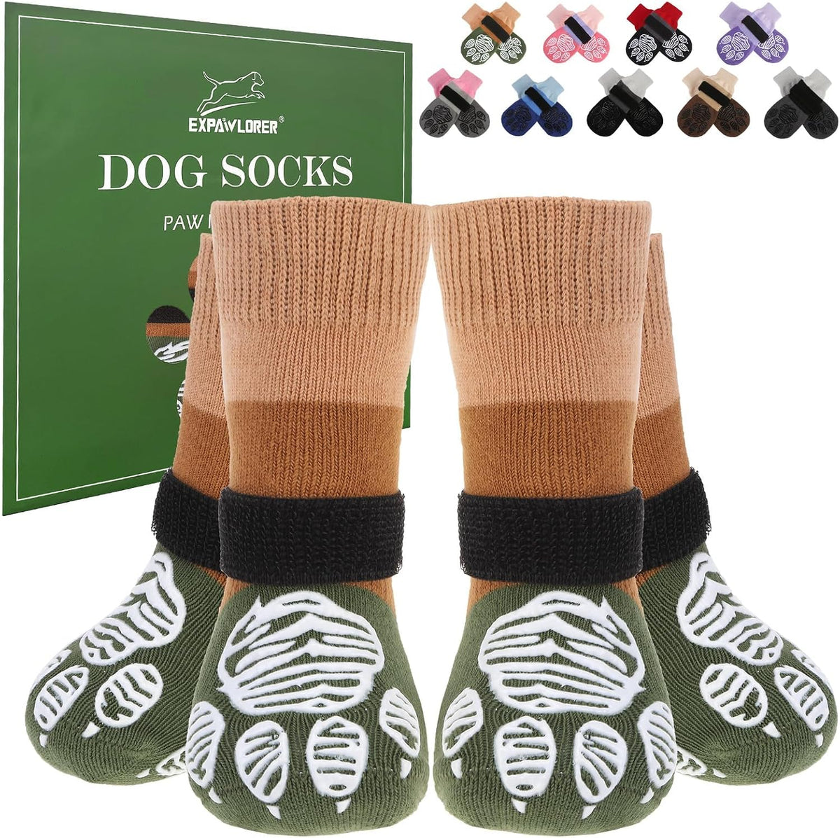 Anti Slip Dog Socks to Prevent Licking Paws with Grippers Black – Essentials for Dogs - Khaki Green / Large