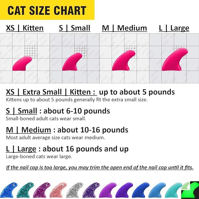 zetpo 12 Colors / 120 pcs Cat Claw Covers | Cats Nail Caps with Adhesives and Applicators (S)