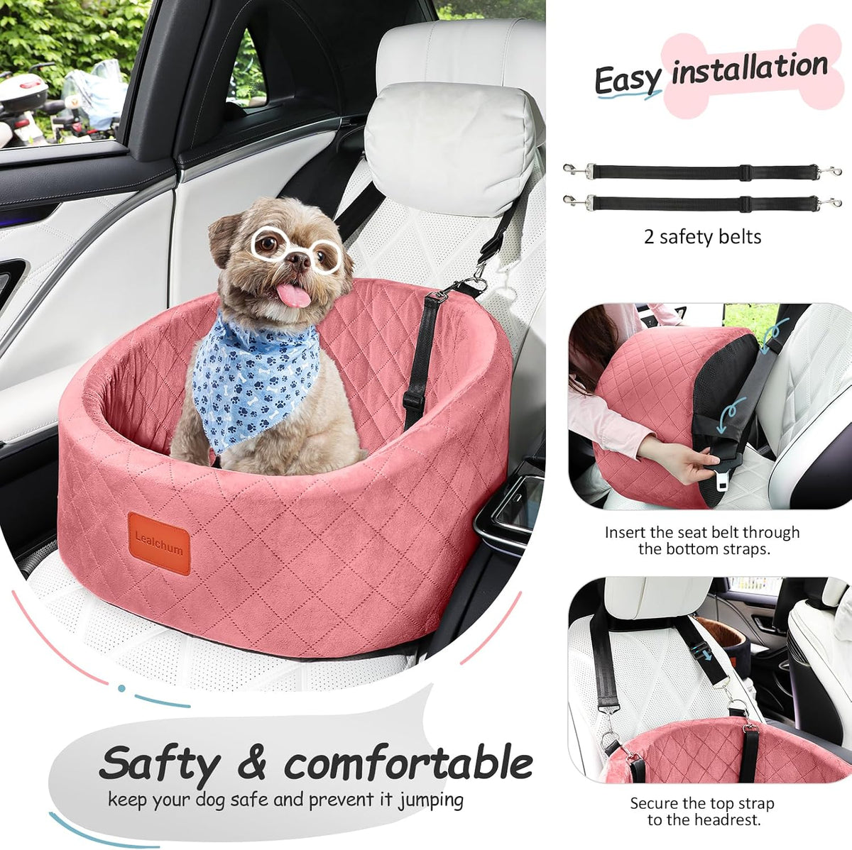 Lealchum Dog Car Seat for Small Dogs Up to 30 Lbs with 2 Safety Dog - Pink / Small - image 4