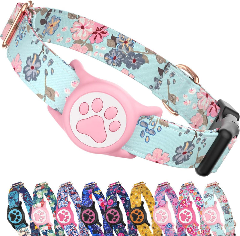 Premium Airtag Dog Collar，with IP68 Waterproof AirTag Holder, S - Aqua Blossom / M(13”~20“)