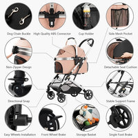 Kenyone 3-in-1 Pet Stroller for Small Medium Dogs Puppy Cat Stroller with Detachable Carrier & Pad Lightweight Foldable Aluminum Alloy Frame Dual No-Zip Entry(Pink)