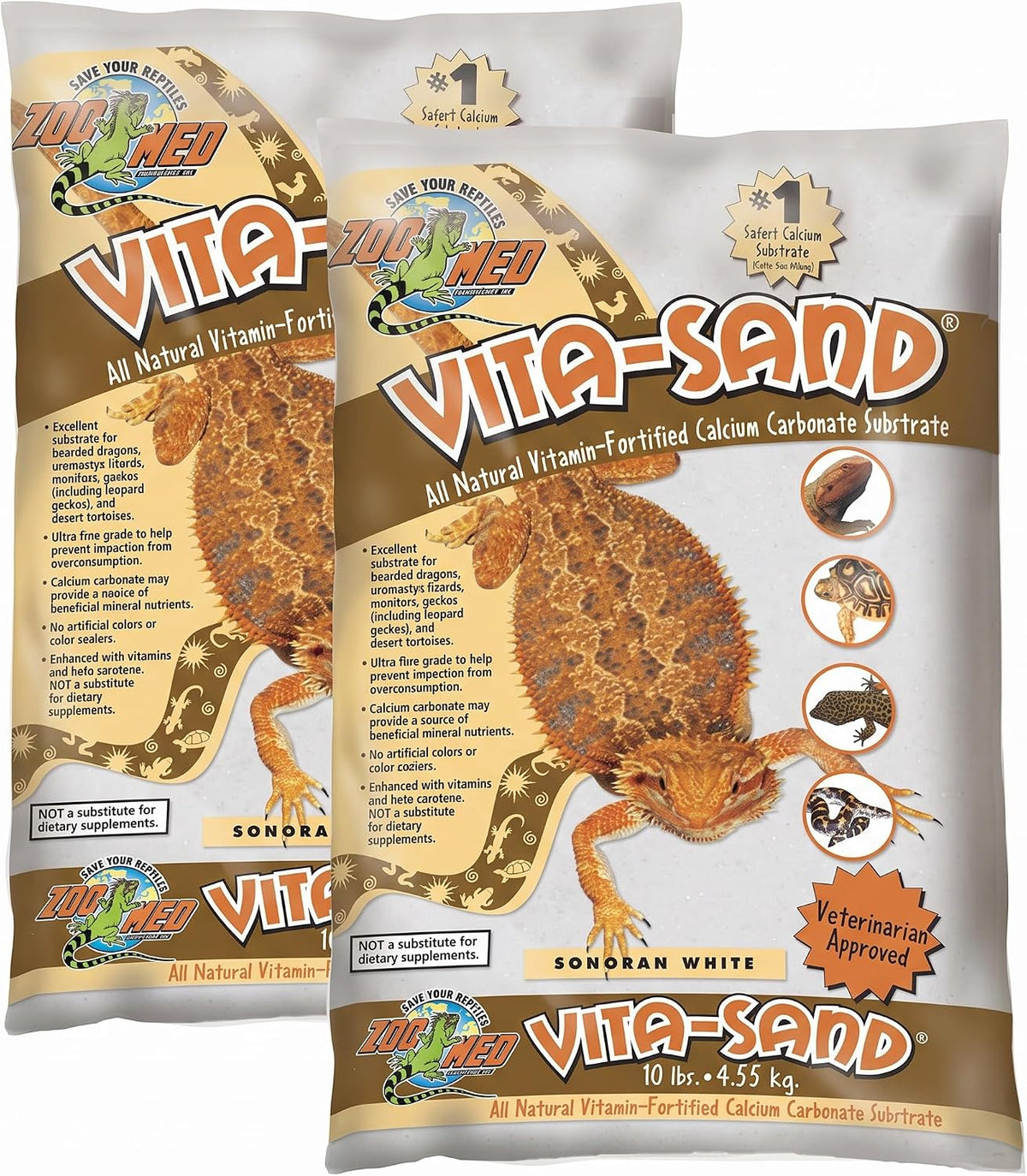 Zoo Med Vita-Sand in Sonoran White – Daily Care for Reptiles And Amphibians - 10 Pound (Pack of 2)
