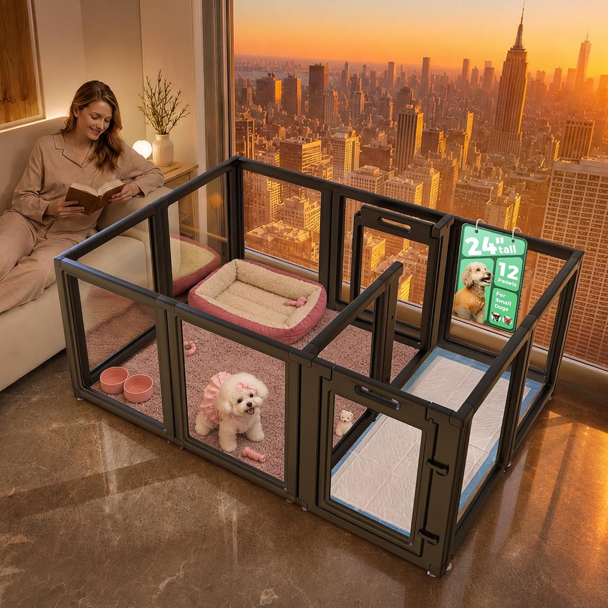 FXW AuraSpace Clear Acrylic Indoor Dog Playpen, 24" H - Black / 24"H / 12 Panels