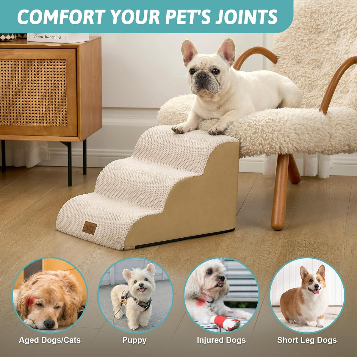 COZY KISS Dog Stairs for Small Dogs - Beige / 3 / 15.7x19.7x13 inch - image 2
