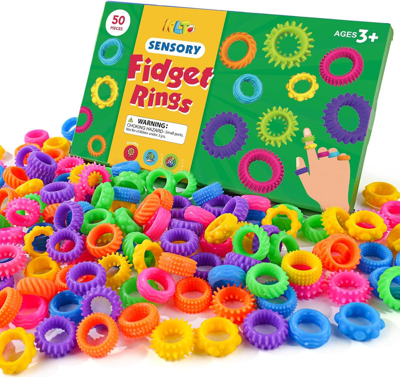 KLT textured fidget rings, 50 colorful silicone sensory rings in six textures