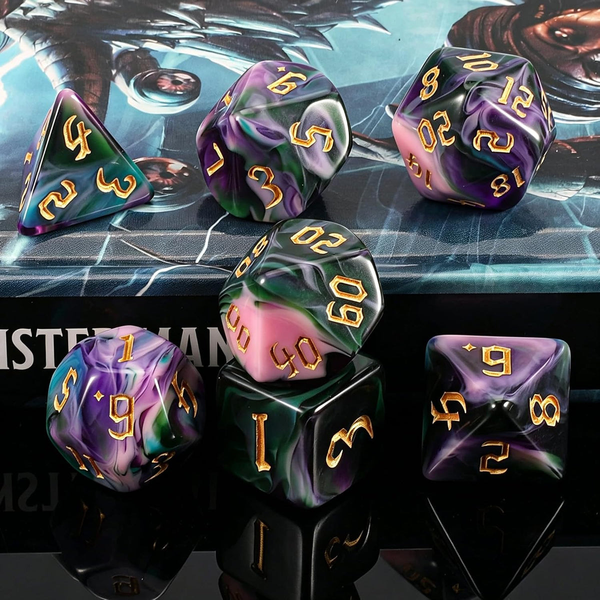 QMAY DND Dice Set - 7Pcs Blue Mix White Polyhedral Dice with Black Dice Bag – Fun for Kids & Family - Purple Green Four Colors - image 4