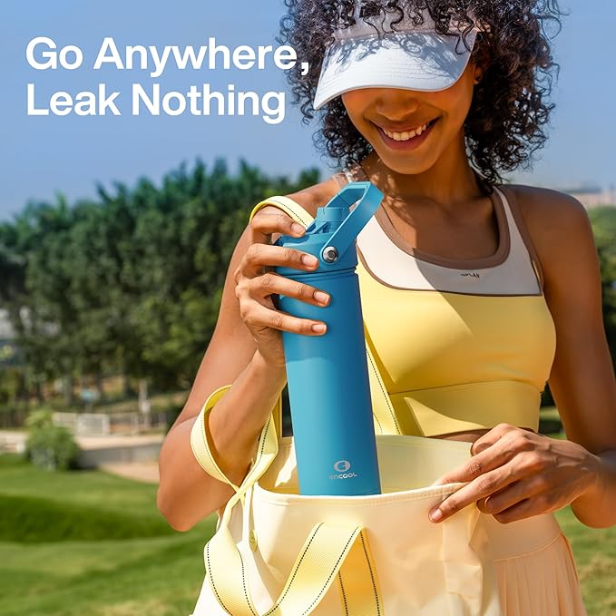 Insulated Water Bottle with Straw - Encool Stainless Steel Water Bottle, Leak-Proof, BPA-Free, Double Wall Vacuum Keeps Cold for 24 Hours for Sports, Travel, School (26 oz, Azure Blue)