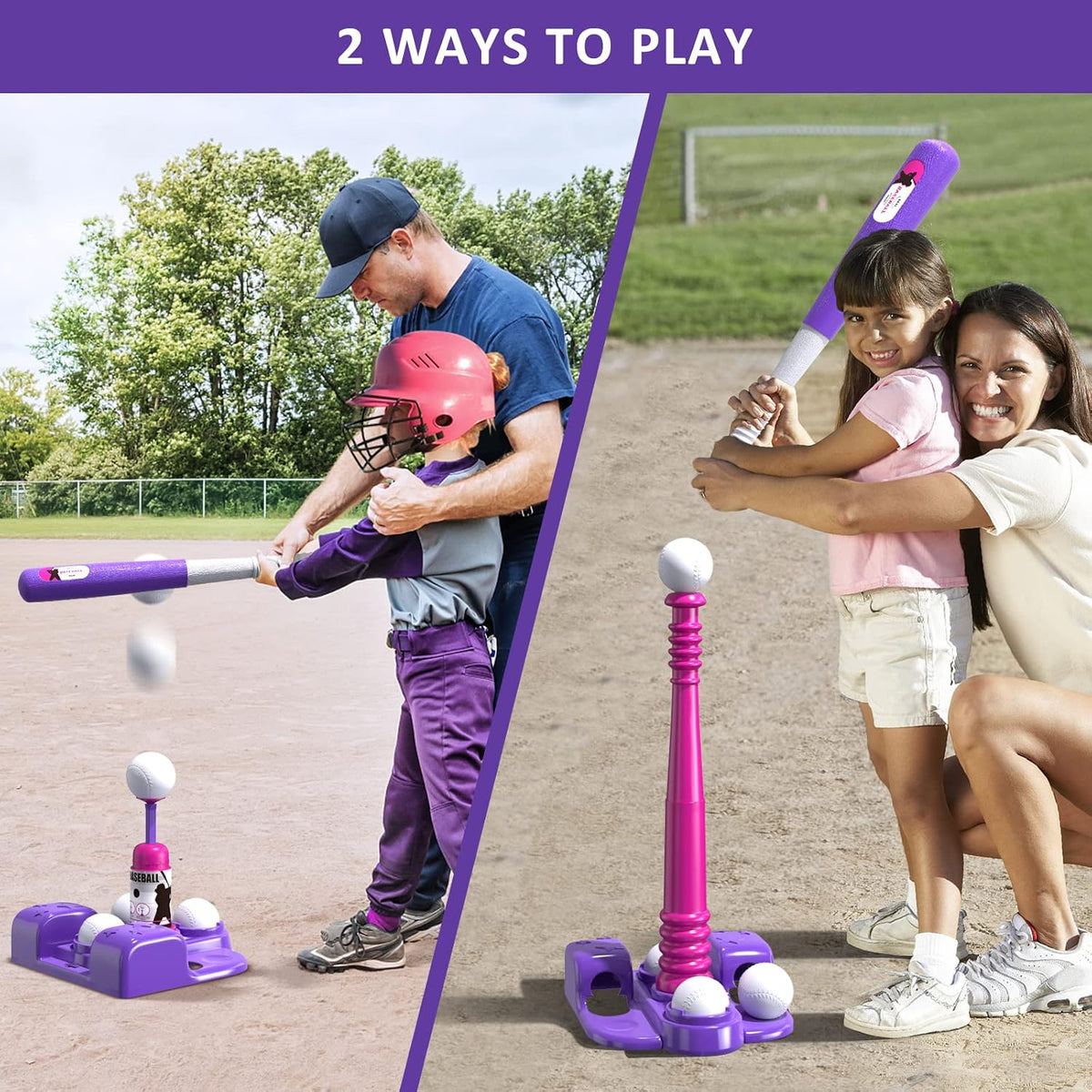 QDRAGON 2 in 1 T Ball Sets for kids Automatic Pitching Machine – Fun for Kids & Family - Pink - image 2