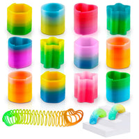 DIMROM mini spring toys in rainbow colors shaped like hearts, stars, circles, squares and hexagons