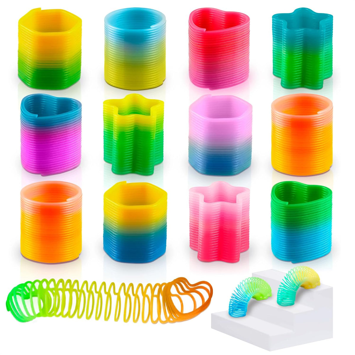 DIMROM mini spring toys in rainbow colors shaped like hearts, stars, circles, squares and hexagons