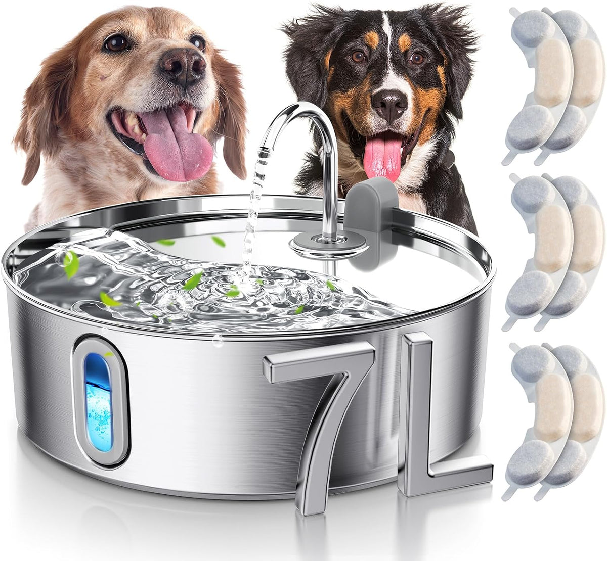 7L/236oz Stainless Steel Dog Water Fountain for Large Dogs & Cats – Essentials for Dogs - Silver / Water Fountain + 6 Filter + 6 Sponge