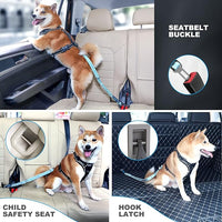 Dog Seat Belt 3-in-1 Car Harness for Dogs Adjustable Safety Seatbelt for Car Nylon Reflective Bungee Fabric Dog Car Harness with Clip Hook Latch & Buckle, Swivel Zinc Alloy Carabiner (Light Blue)