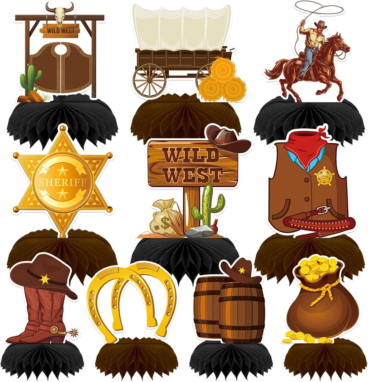 10 Pcs 80s Party Decorations, 1980s Table Honeycomb Centerpieces – Fun for Kids & Family - Cowboy Style