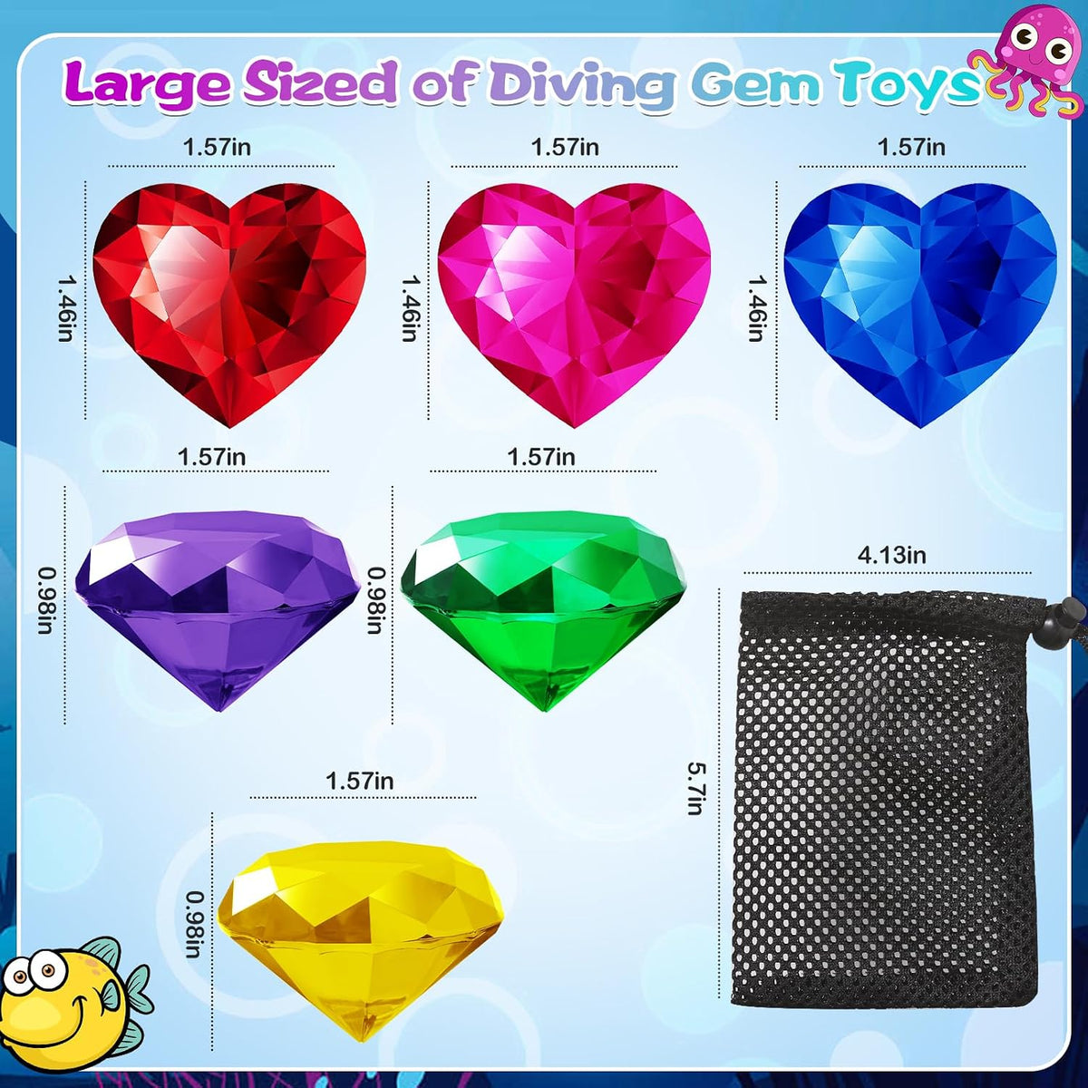 Duchong 9 extra large acrylic pool dive gems in assorted colors with mesh storage bag - view 2